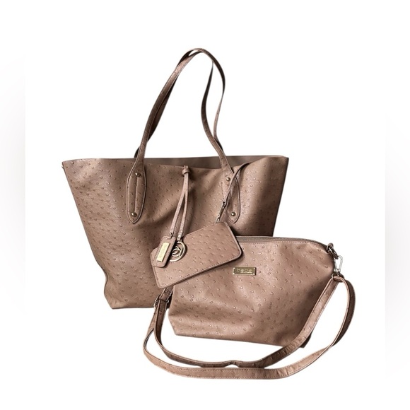 bebe Handbags - Bebe Three Piece Faux Ostrich Leather Tote, Purse and Wristlet